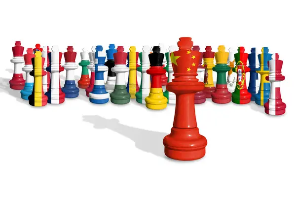 stock image Chess made from EU members and China flags. Europe Union and China trade war