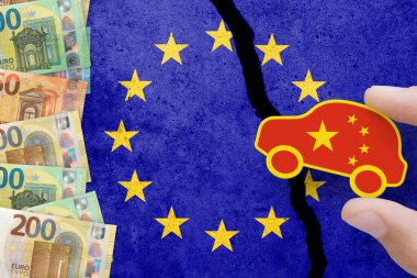 Electric cars made in China. Duty for EV cars made in China.  EU and China trade war clipart