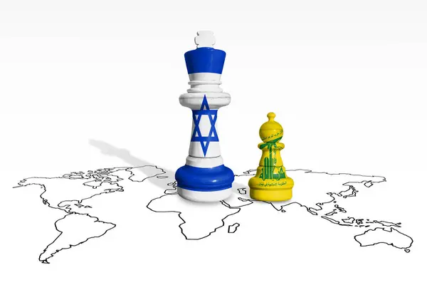 stock image Chess made from Israel and Hezbollah flags on a world map. Hezbolah and Israel war