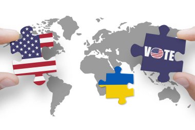 Bir dünya haritasında Amerika Birleşik Devletleri ve Ukrayna bayraklarından yapılmış bulmaca