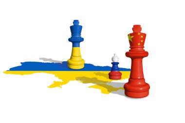 Chess made from Ukraine and Russia with China flags on a Ukraine flag map.  clipart