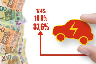 Avro banknotları Çin 'de üretilen elektrikli arabalarla beyaz bir zemin üzerinde izole edilmiş.