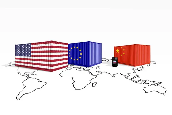 stock image Cargo sea containers with US, EU, China flags and crude oil barrel from Russia. China, Europe Union and United States of America trade war concept