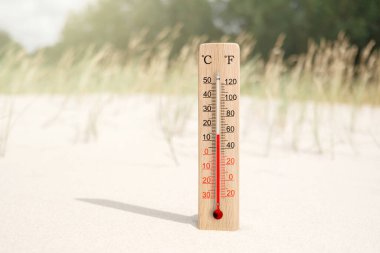 Tahta santigrat ve fahrenhayt ölçekli termometre. Çevre sıcaklığı artı 14 derece