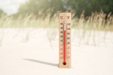 Tahta santigrat ve fahrenhayt ölçekli termometre. Çevre sıcaklığı 36 derece. Sıcak yaz günü