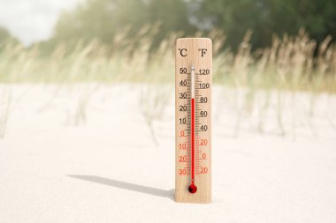 Tahta santigrat ve fahrenhayt ölçekli termometre. Çevre sıcaklığı artı 30 derece. Sıcak yaz günü