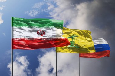 Mavi gökyüzünün üzerinde İran, Hizbullah ve Rusya bayrakları