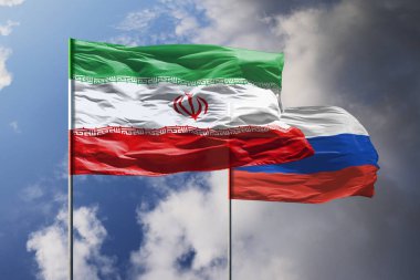 Mavi gökyüzünün üzerinde İran ve Rusya bayrakları