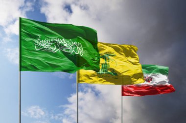 Karanlık gökyüzünün üzerinde Hamas, Hizbullah ve İran bayrakları