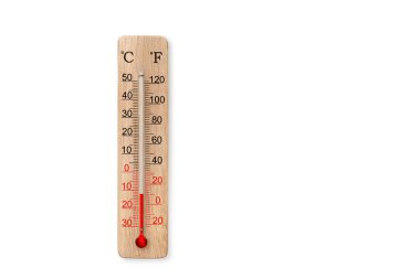 Tahta santigrat ve fahrenhayt ölçekli termometre beyaz arka planda izole edilmiş. Çevre sıcaklığı eksi 12 derece.