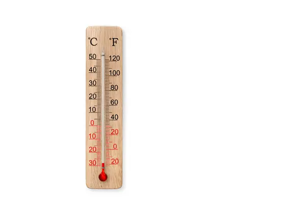 stock image Wooden celsius and fahrenheit scale thermometer isolated on white background. Ambient temperature minus 28 degrees celsius