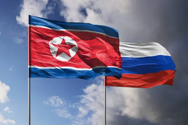 Kuzey Kore ve Rusya 'nın bayrakları karanlık gökyüzünün üstünde. 