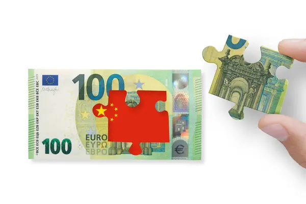 stock image 100 euro note isolated on a white background with China flag. Europe Union and China economic, duty, taxes and trade war concept