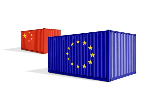 stock image Sea Containers with China and EU flags. Europe Union and China duty, taxes, trade war.