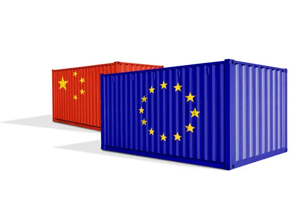 stock image Sea Containers with China and EU flags. Europe Union and China duty, taxes, trade war.