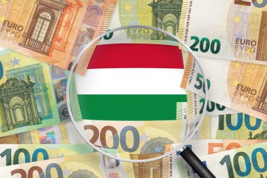 Büyüteçle Macaristan bayrağı görünümlü Euro banknotları