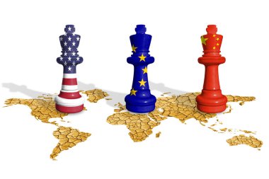 Satranç, ABD, Avrupa Birliği ve Çin bayraklarından yapılmış. Küresel ısınma, iklim değişikliği kavramı. Karbondioksit emisyonu kavramı