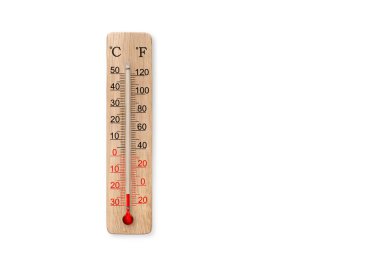 Tahta santigrat ve fahrenhayt ölçekli termometre beyaz arka planda izole edilmiş. Çevre sıcaklığı eksi 23 derece.