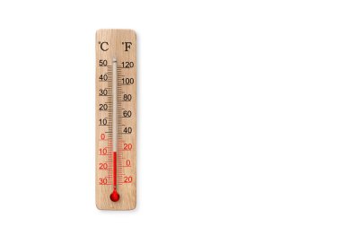 Tahta santigrat ve fahrenhayt ölçekli termometre beyaz arka planda izole edilmiş. Çevre sıcaklığı eksi 8 derece.