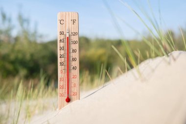 Tahta santigrat ve fahrenhayt ölçekli termometre. Çevre sıcaklığı artı 47 derece. Sıcak yaz günü