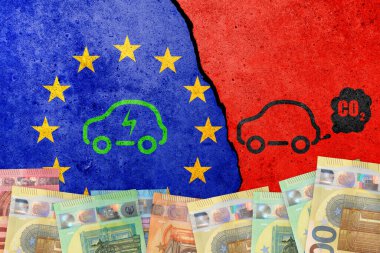 AB 'de CO2 dumanı olmayan elektrikli araba. Yeşil ve sürdürülebilir enerji ve eko güç.