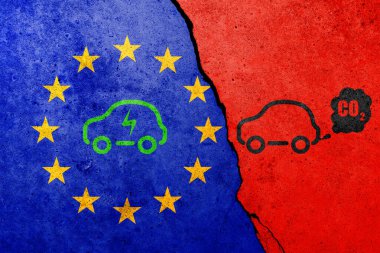 AB 'de CO2 dumanı olmayan elektrikli araba. Yeşil ve sürdürülebilir enerji ve eko güç.