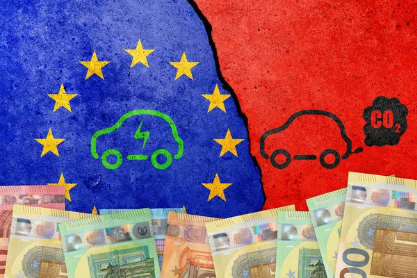 AB 'de CO2 dumanı olmayan elektrikli araba. Yeşil ve sürdürülebilir enerji ve eko güç.