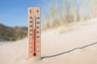 Tahta santigrat ve fahrenhayt ölçekli termometre. Çevre sıcaklığı artı 25 derece. Sıcak yaz günü