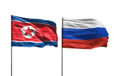 Kuzey Kore ve Rusya bayrakları beyaz arka planda izole edildi