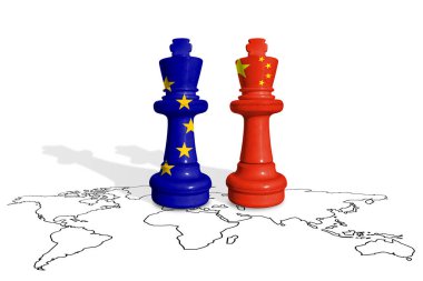 Bir dünya haritasında AB ve Çin bayraklarından yapılan satranç. Avrupa Birliği ve Çin ticaret savaşı