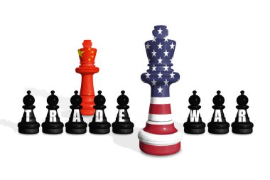 ABD ve Çin 'den yapılan satranç bayrakları beyaz bir zemin üzerinde TRAD SAVAŞ sözcüğüyle