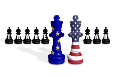 Beyaz bir zemin üzerinde ABD ve AB bayraklarından yapılmış satranç sözcüğü TRADE SAVAŞ