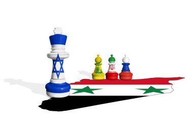 Chess made from flags of Israel, Iran and Russia with Syrian flag clipart