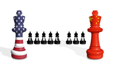 ABD ve Çin 'den yapılan satranç bayrakları beyaz bir zemin üzerinde TRAD SAVAŞ sözcüğüyle