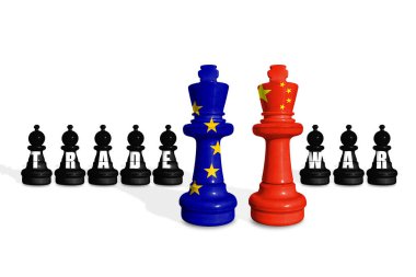 AB ve Çin 'den yapılan satranç, TRAD SAVAŞ sözcüğüyle beyaz bir zemin üzerinde