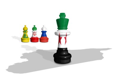 Chess made from flags of Hezbollah, Iran, Russia with Syrian flag on a Syrian map clipart