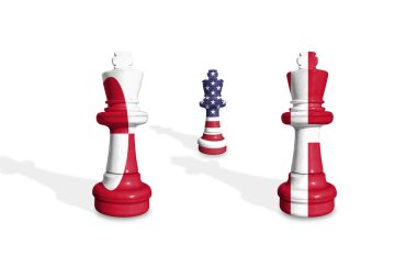 Beyaz arka planda ABD, Grönland ve Danimarka bayraklarından yapılan satranç