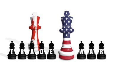 ABD ve Kanada bayraklarından yapılan satranç, beyaz arka planda TRADE SAVAŞ sözcüğüyle