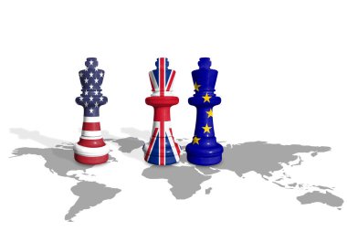 Dünya haritasında ABD, İngiltere ve AB bayraklarından yapılan satranç 