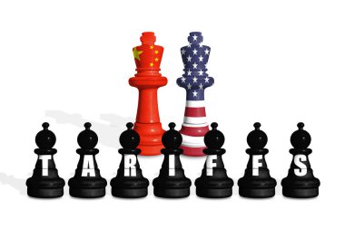 ABD ve Çin bayraklarından yapılan satranç beyaz bir zemin üzerinde TARIFFS sözcüğüyle