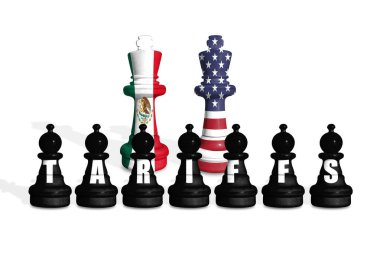 Beyaz arka planda ABD ve Meksika bayraklarından yapılmış satranç.