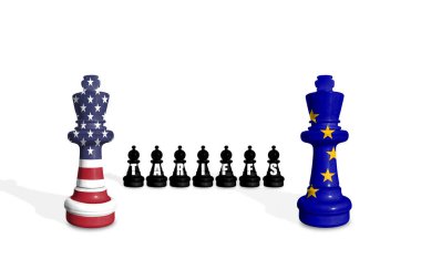 Beyaz bir zemin üzerinde ABD ve AB bayraklarından yapılmış satranç sözcüğü