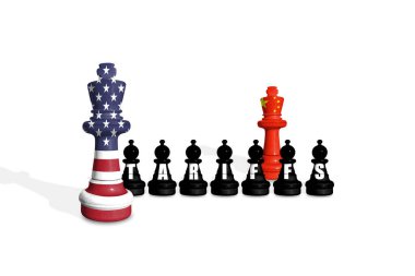 ABD ve Çin bayraklarından yapılan satranç beyaz bir zemin üzerinde TARIFFS sözcüğüyle