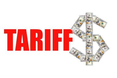 Beyaz arkaplandaki yüz dolarlık banknotların TARIFFS sözcüğüyle imzası.