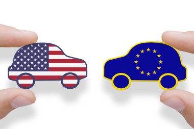 ABD ve AB bayrakları. Avrupa Birliği ve Amerika Birleşik Devletleri ticaret ve gümrük vergileri savaşı.