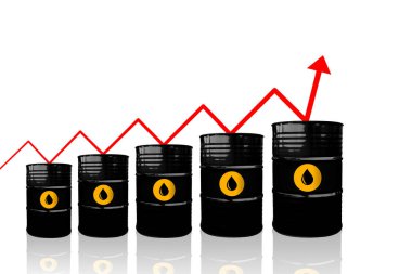 Ham petrol fiyatları yükseliyor. Yumuşak yansımalı beyaz bir zemin üzerinde ham petrol varilleri