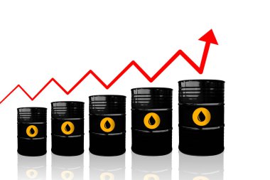 Ham petrol fiyatları yükseliyor. Yumuşak yansımalı beyaz bir zemin üzerinde ham petrol varilleri