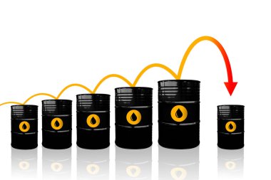 Ham petrol fiyatları düşüyor. Yumuşak yansımalı beyaz bir zemin üzerinde ham petrol varilleri