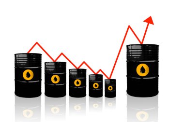 Ham petrol fiyatları yükseliyor. Yumuşak yansımalı beyaz bir zemin üzerinde ham petrol varilleri