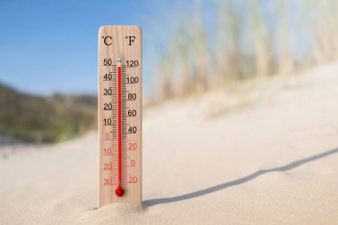 Tahta santigrat ve fahrenhayt ölçekli termometre. Çevre sıcaklığı artı 49 derece. Sıcak yaz günü